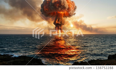 Massive nuclear mushroom cloud explosion over the deep blue ocean during a dramatic sunset 138752288