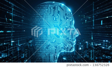 Artificial intelligence concept with digital human head profile and glowing circuit lines over city background 138752326