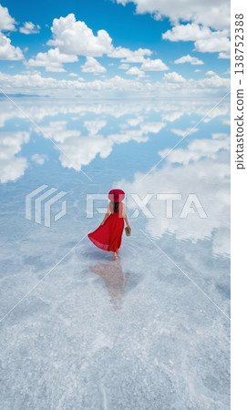 Back view of woman in red dress walking towards the horizon on a mirrored salt flat 138752388