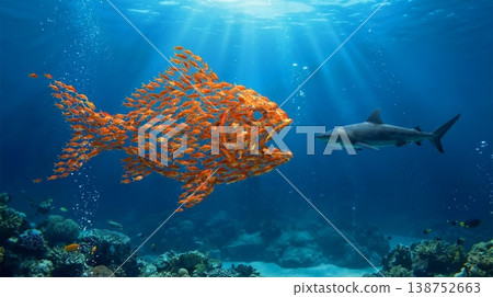 Big fish school concept where small fish unite to challenge a predator shark underwater 138752663