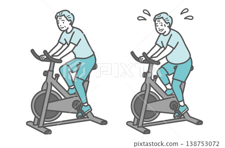 一組插圖，對比了一位體型正常的老年男性和一位體型略微超重的老年男性騎健身自行車的情況。 138753072