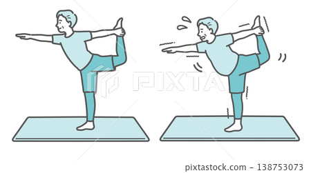 一組插圖，對比了一位體型標準的老年男性和一位體型略微超重的老年男性做瑜伽舞者姿勢的樣子。 138753073