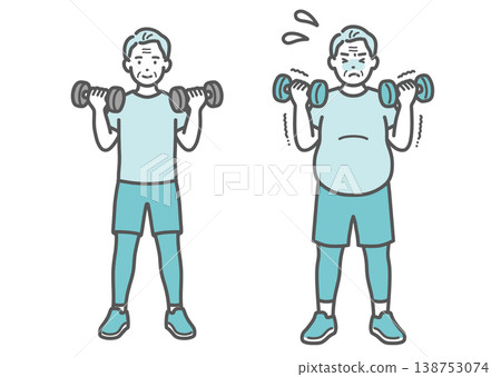 A set of illustrations comparing a senior man with a standard build and a slightly overweight build doing dumbbell training. A set of illustrations comparing a senior man with a standard build and a slightly overweight build doing dumbbell training. 138753074