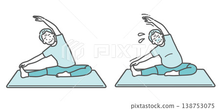 一組插圖，對比了一位身材正常的老年男性和一位略微超重的老年男性做側身伸展運動的樣子。 138753075