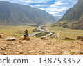 Stone pyramid of Chulyshman river and valley. Natural mountain landscape from famous stone mushroom rocks Altai Republic, tourist place, summer day, Siberia, Russia. Asia. 138753357