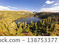 Aerial top view of Karakol lake. Seven cleanest mountains lakes at different altitudes, connected by rivers or streams. North-Chuisky Ridge. Bagatash Pass, Republic Gorny Altai, Siberia, Russia, Asia 138753377