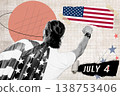 Happy American Man Celebrating Independence Day with USA Flag, Creative Halftone Collage 138753406