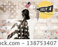 Happy American Man Celebrating Independence Day with USA Flag, Creative Halftone Collage 138753407