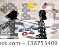 Happy American Couple Celebrating Independence Day with USA Flag, Creative Halftone Collage 138753409