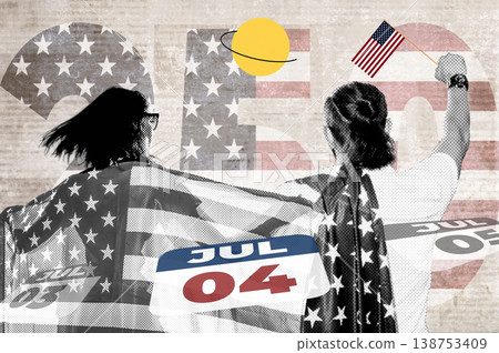 Happy American Couple Celebrating Independence Day with USA Flag, Creative Halftone Collage 138753409