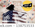 Happy American Woman Celebrating Independence Day with USA Flag, Creative Halftone Collage 138753533