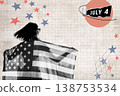 Happy American Woman Celebrating Independence Day with USA Flag, Creative Halftone Collage 138753534