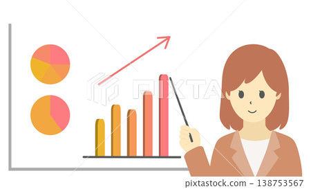 一幅(暖色調的)微笑女性插圖,以及一張解釋銷售額成長的圖表。 一幅(暖色調的)微笑女性插圖,以及一張解釋銷售額成長的圖表。 138753567