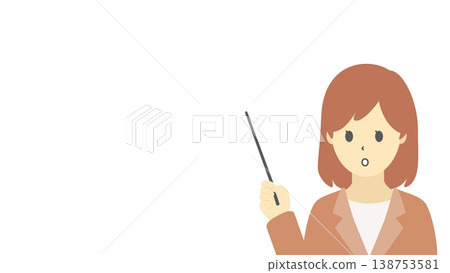 一幅描繪女商人手持指示棒的插圖（暖色調）。 138753581