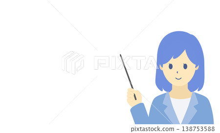 一幅描繪一位微笑的女商人手持指示棒的插圖（採用冷色調）。 138753588