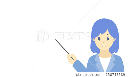 一幅描繪一位表情憂慮的女商人手持指示棒的插圖（冷色調）。 138753589