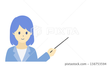 一幅描繪一位微笑的女商人手持指示棒的插圖(採用冷色調)。 一幅描繪一位微笑的女商人手持指示棒的插圖(採用冷色調)。 138753594