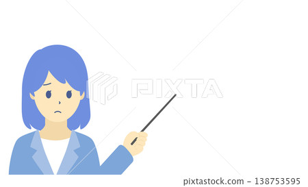 一幅描繪一位表情憂慮的女商人手持指示棒的插圖（冷色調）。 138753595