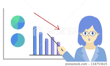 一張圖表插圖(採用冷色調),圖中一位戴眼鏡的女士正在解釋銷售額下降的原因。 一張圖表插圖(採用冷色調),圖中一位戴眼鏡的女士正在解釋銷售額下降的原因。 138753625