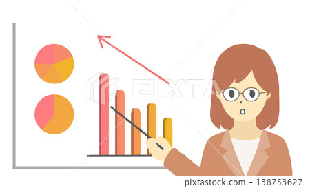 一張圖表插圖(暖色調),圖中一位戴眼鏡的女士正在解釋銷售額的成長。 一張圖表插圖(暖色調),圖中一位戴眼鏡的女士正在解釋銷售額的成長。 138753627