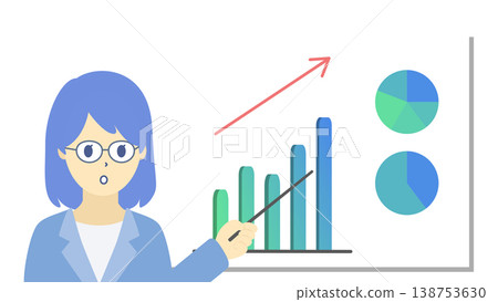 一張圖表插圖(採用冷色調),圖中一位戴眼鏡的女士正在解釋銷售額的成長情況。 一張圖表插圖(採用冷色調),圖中一位戴眼鏡的女士正在解釋銷售額的成長情況。 138753630