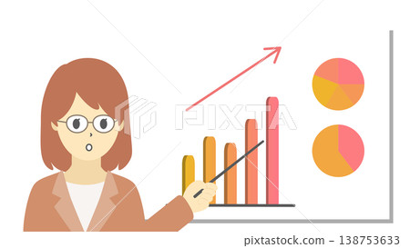 一張圖表插圖(暖色調),圖中一位戴眼鏡的女士正在解釋銷售額的成長。 一張圖表插圖(暖色調),圖中一位戴眼鏡的女士正在解釋銷售額的成長。 138753633