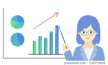 一張圖表插圖(採用冷色調),圖中一位戴眼鏡的女士正在解釋銷售額的成長情況。 一張圖表插圖(採用冷色調),圖中一位戴眼鏡的女士正在解釋銷售額的成長情況。 138753636