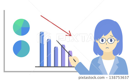 一張圖表插圖（採用冷色調），圖中一位戴眼鏡的女士正在解釋銷售額下降的原因。 138753637