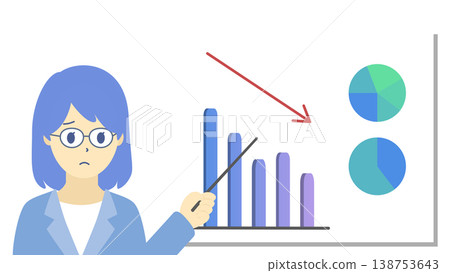 一張圖表插圖(採用冷色調),圖中一位戴眼鏡的女士正在解釋銷售額下降的原因。 一張圖表插圖(採用冷色調),圖中一位戴眼鏡的女士正在解釋銷售額下降的原因。 138753643