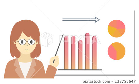 一張圖表插圖(暖色調),圖中一位戴眼鏡的女士正在解釋銷售停滯不前的原因。 一張圖表插圖(暖色調),圖中一位戴眼鏡的女士正在解釋銷售停滯不前的原因。 138753647