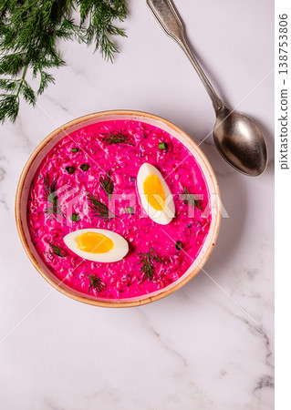 Cold summer soup of beets, yogurt, cucumbers, eggs and dill. Cold summer soup of beets, yogurt, cucumbers, eggs and dill. 138753806