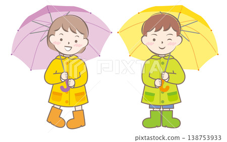 雨天裡穿著雨衣的孩子們;雨季;雨傘 雨天裡穿著雨衣的孩子們;雨季;雨傘 138753933
