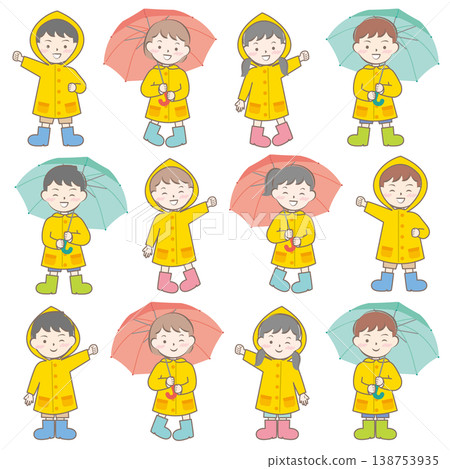 雨天裡穿著雨衣的孩子們;雨季;雨傘 雨天裡穿著雨衣的孩子們;雨季;雨傘 138753935