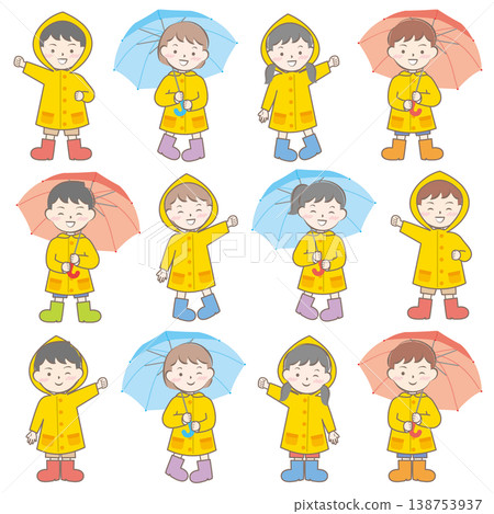 Children in raincoats on a rainy day; rainy season; umbrellas Children in raincoats on a rainy day; rainy season; umbrellas 138753937