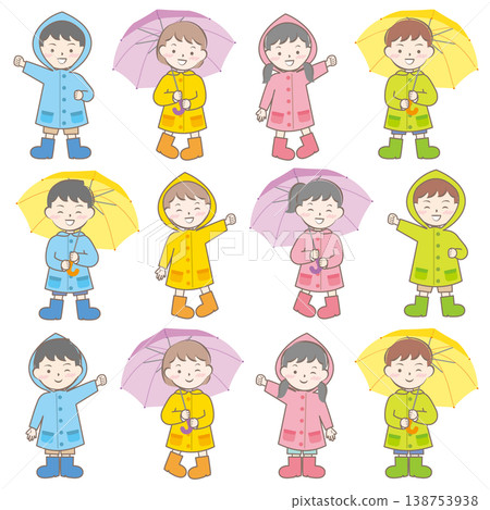 Children in raincoats on a rainy day; rainy season; umbrellas 138753938