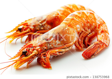 Shrimp boiled in bulk, white background isolate. Sea orange food, culinary ingredient shellfish. 138753968