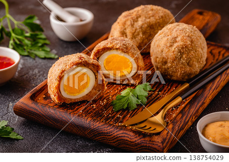 Traditional Scotch Eggs on a wooden board. Traditional Scotch Eggs on a wooden board. 138754029