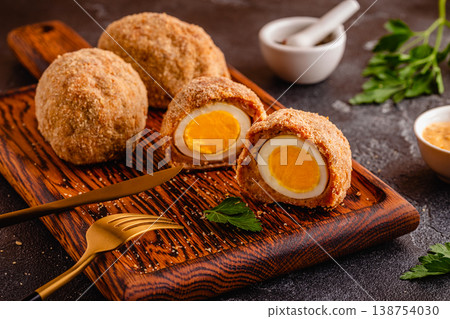 Traditional Scotch Eggs on a wooden board. 138754030