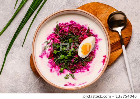 Cold summer soup of beets, kefir, cucumbers, eggs and dill. 138754046