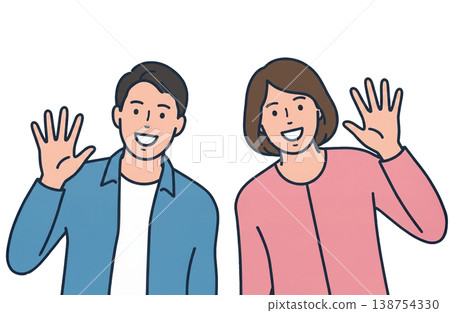插圖為一男一女面帶微笑揮手，背景透明。 138754330