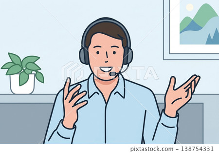 圖解:一名男子戴著耳機在網路會議中講話。 圖解:一名男子戴著耳機在網路會議中講話。 138754331