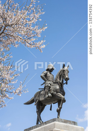 Date Masamune Statue and cherry blossoms Date Masamune Statue and cherry blossoms 138754392