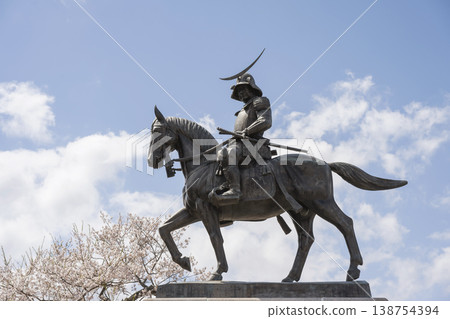 Date Masamune Statue and cherry blossoms Date Masamune Statue and cherry blossoms 138754394