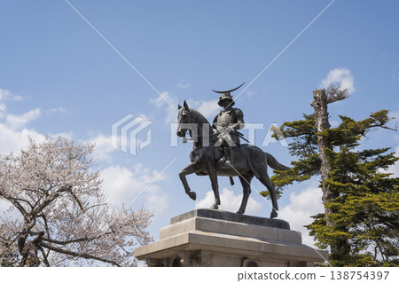 Date Masamune Statue and cherry blossoms Date Masamune Statue and cherry blossoms 138754397