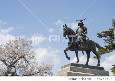 Date Masamune Statue and cherry blossoms Date Masamune Statue and cherry blossoms 138754398