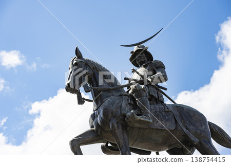 Date Masamune Statue and cherry blossoms Date Masamune Statue and cherry blossoms 138754415