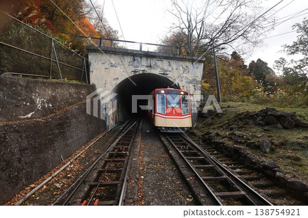 A cable car descending a steep mountain slope. A cable car descending a steep mountain slope. 138754921