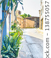 Green plants and foliage beside a cobblestone street in a historic town with stone buildings and clear blue sky above 138755057