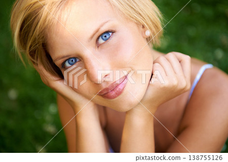 Relax, lawn and portrait of happy woman in garden for holiday in summer on outdoor adventure. Smile, freedom and face of girl on grass in park for weekend in countryside with sunshine on vacation. Relax, lawn and portrait of happy woman in garden for holiday in summer on outdoor adventure. Smile, freedom and face of girl on grass in park for weekend in countryside with sunshine on vacation. 138755126