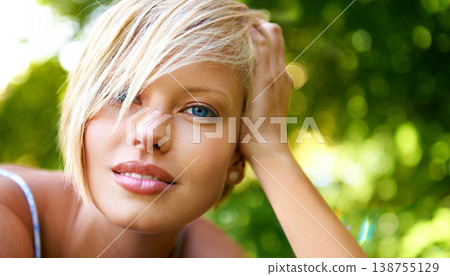 Relax, nature and portrait of happy woman in park for holiday in summer on outdoor adventure. Smile, freedom and face of girl in garden for weekend in countryside with sunshine on vacation in Sweden. Relax, nature and portrait of happy woman in park for holiday in summer on outdoor adventure. Smile, freedom and face of girl in garden for weekend in countryside with sunshine on vacation in Sweden. 138755129
